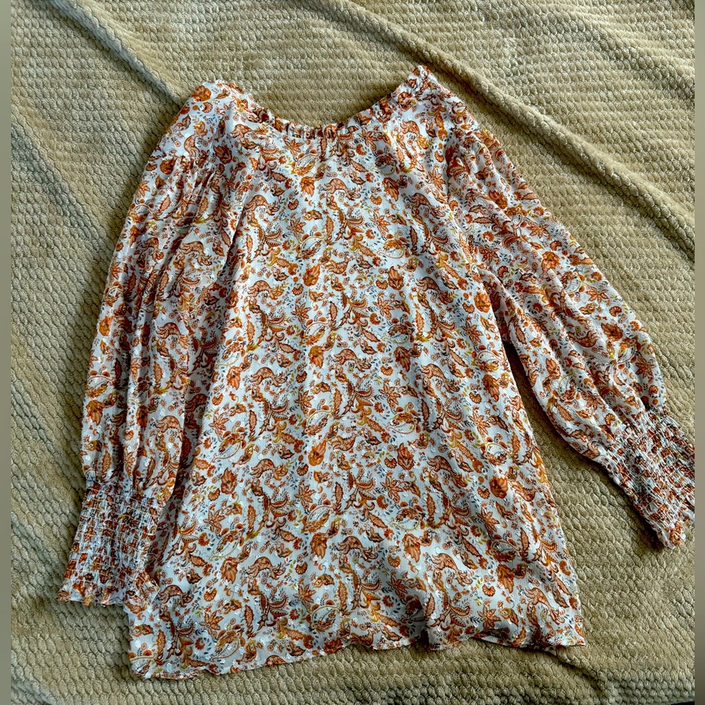 High Neck Maison de’Amelie Orange Printed Blouse. Medium.